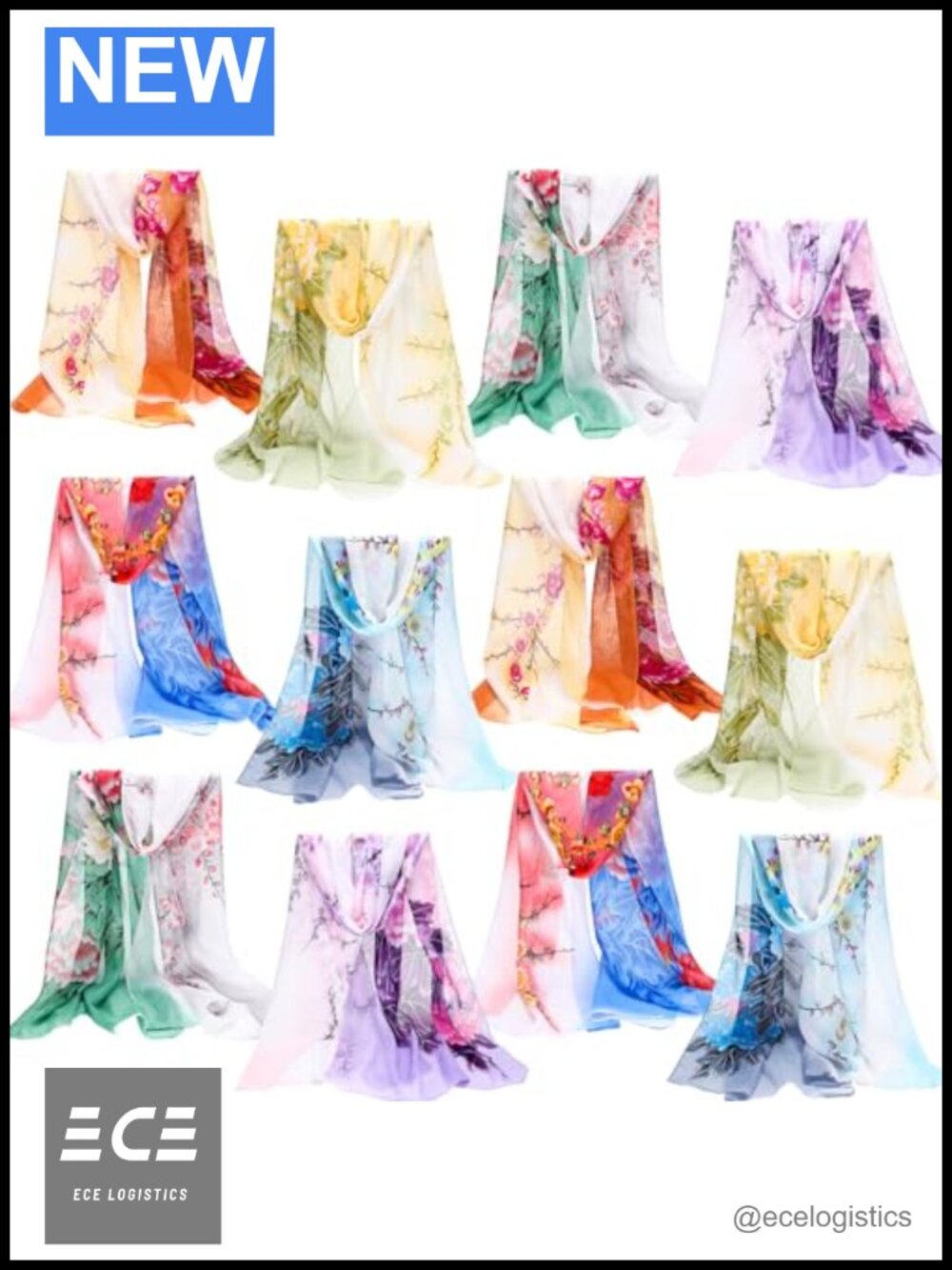12 Pc Georgette Floral Fashion Scarf Set Chiffon Shawl Wrap Lightweight